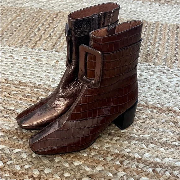 Jeffrey Campbell Croc-Embossed Brown and Metallic Bronze Ankle Boots - Picture 3 of 6
